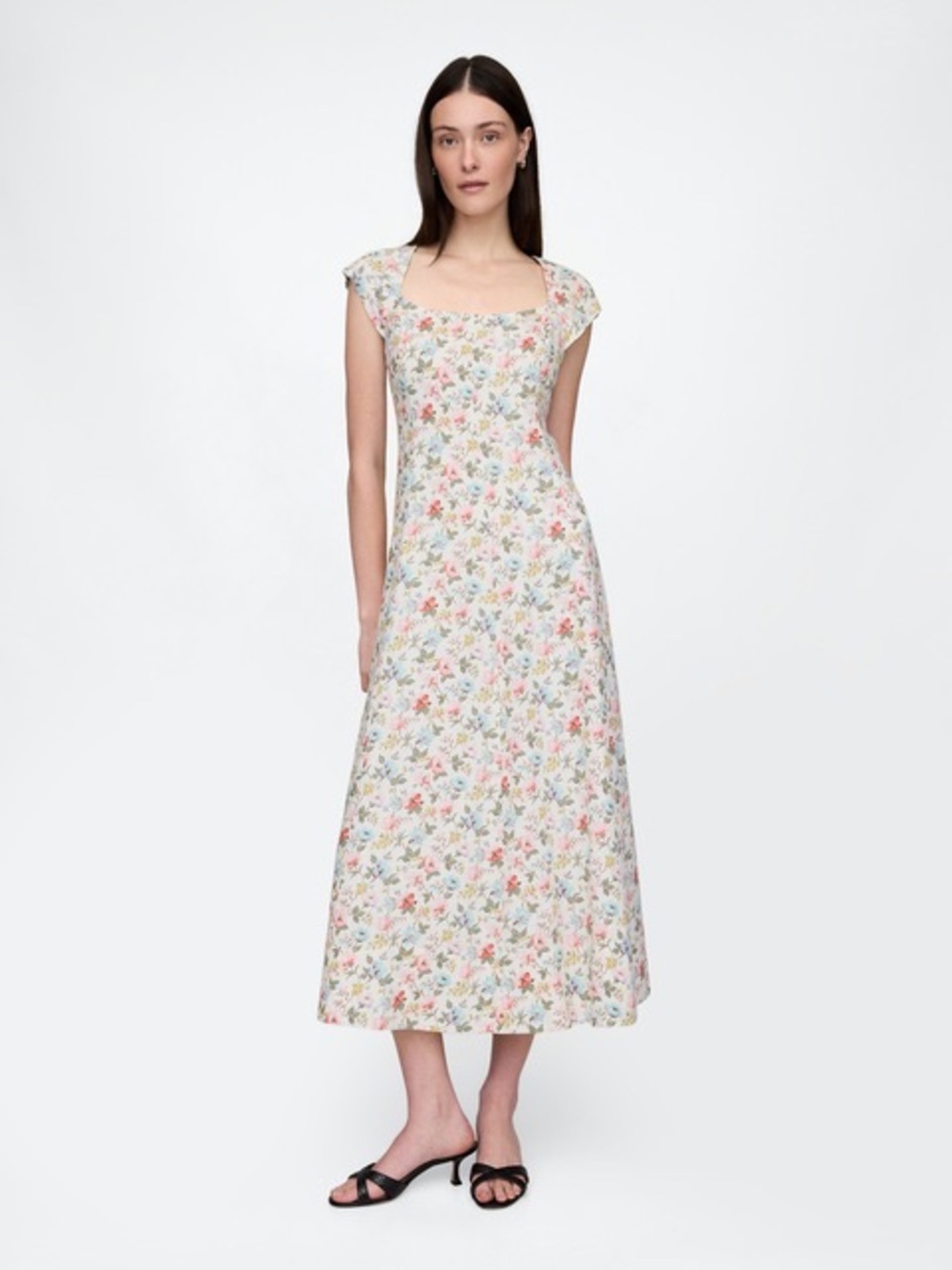 Gap cap- sleeve floral maxi linen blend dress NWT medium